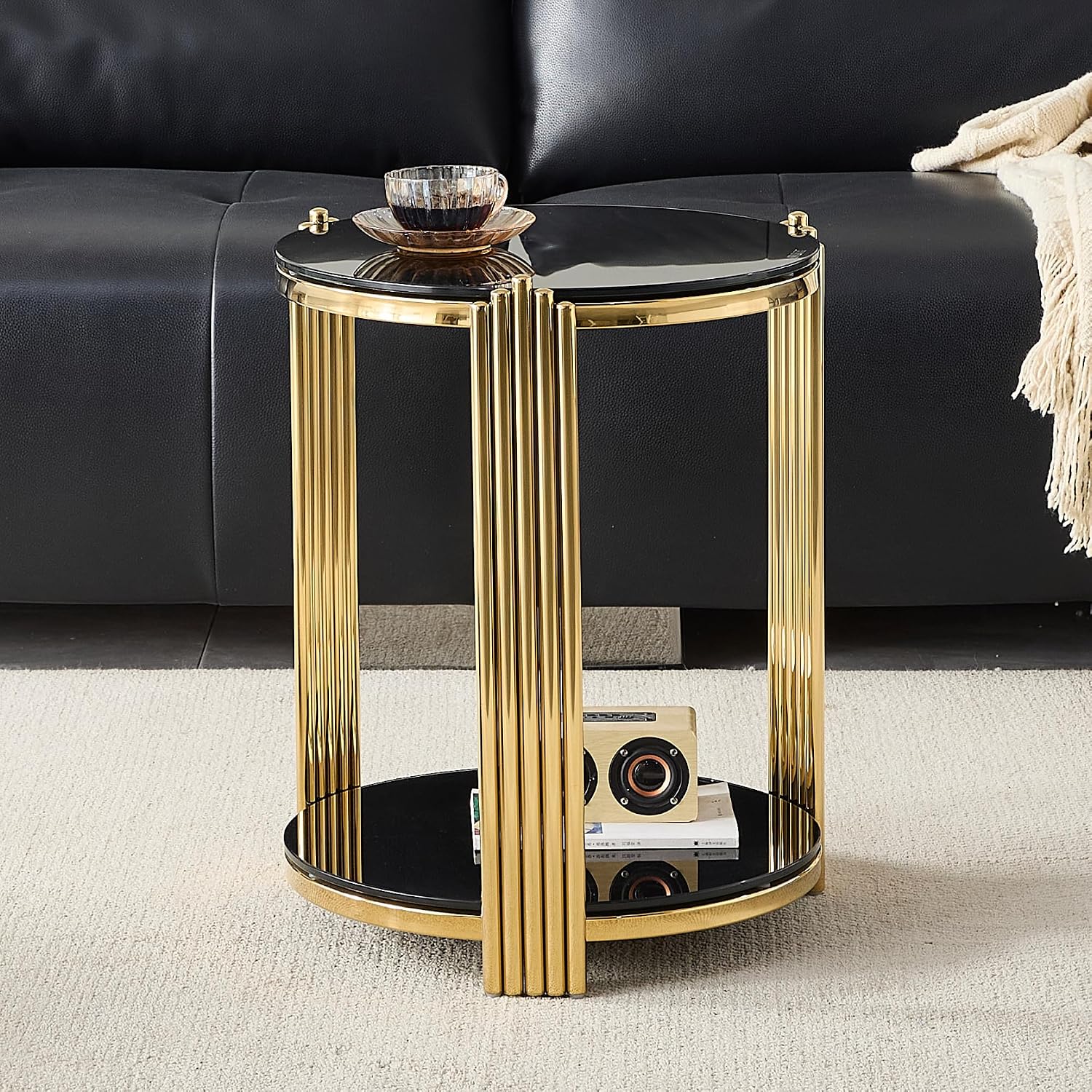 Glass Round End Table with 2-Tier Storage, Black Tempered Glass Top with Gold Stainless Steel Frame, Modern Living Room Side Table, Black Gold Accent Table, 80 LBS Capacity