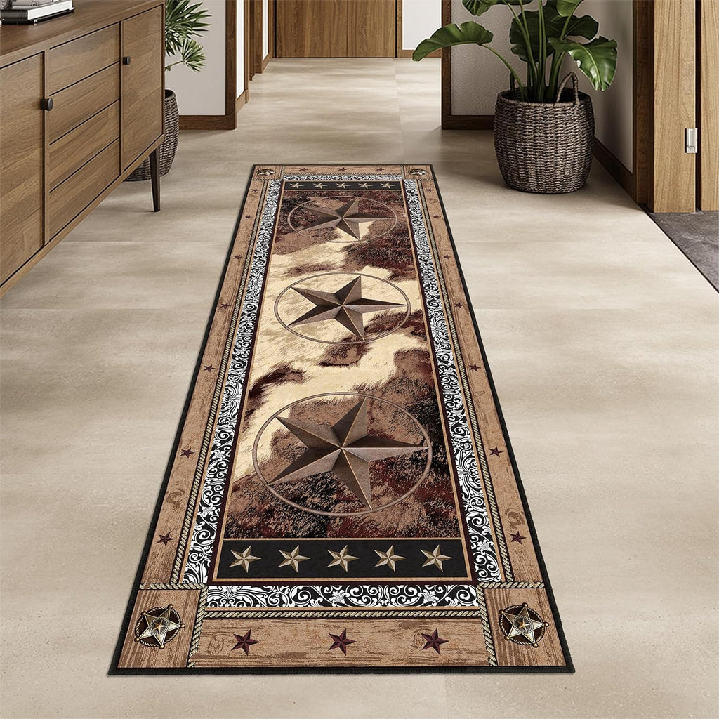 Western Runner Rug 2x6 for Hallway Brown Texas Star Rustic Home Decor Soft Throw Carpet Non Slip Entryway Mat Washable Area Rug for Laundry Bedroom Bathroom (Deep Brown, 2' x 6')