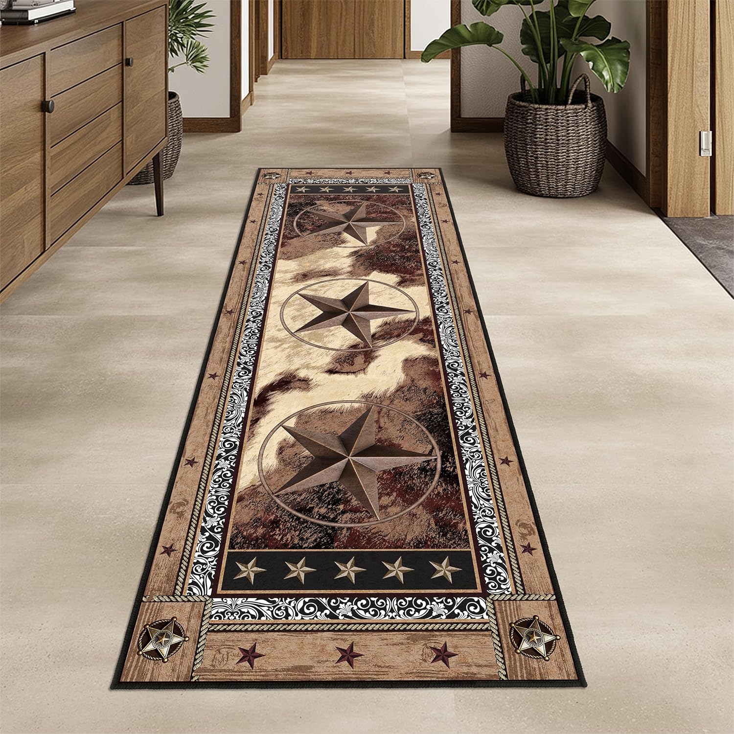 Western Runner Rug 2x6 for Hallway Brown Texas Star Rustic Home Decor Soft Throw Carpet Non Slip Entryway Mat Washable Area Rug for Laundry Bedroom Bathroom (Deep Brown, 2' x 6')