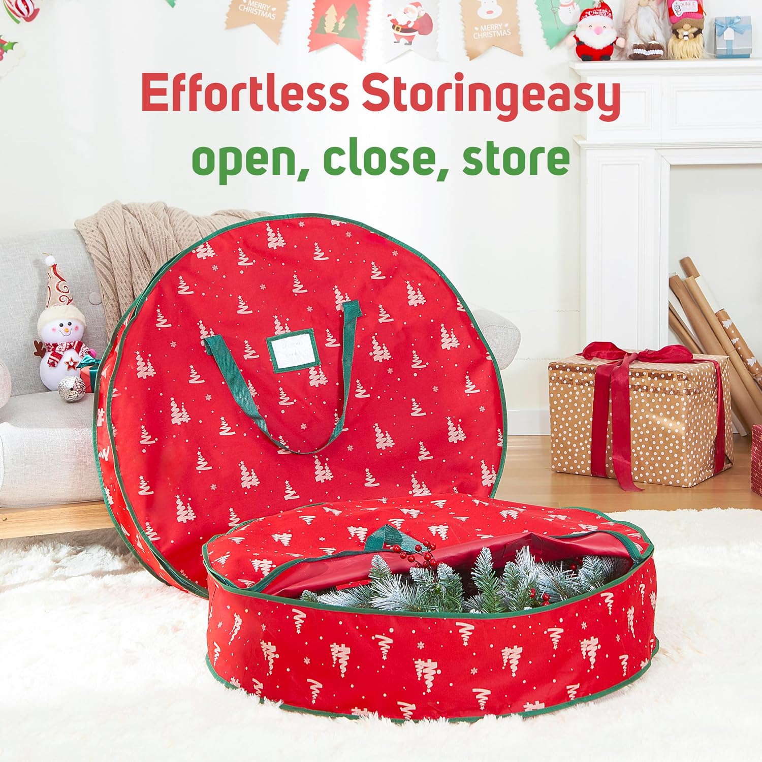 36 Inch Wreath Storage Container, 1 Pack Deluxe Wreath Storage Bag with Dual Zippers, Easy Access Christmas Wreath Storage Bag with Carry Handles and Clear Label Pocket