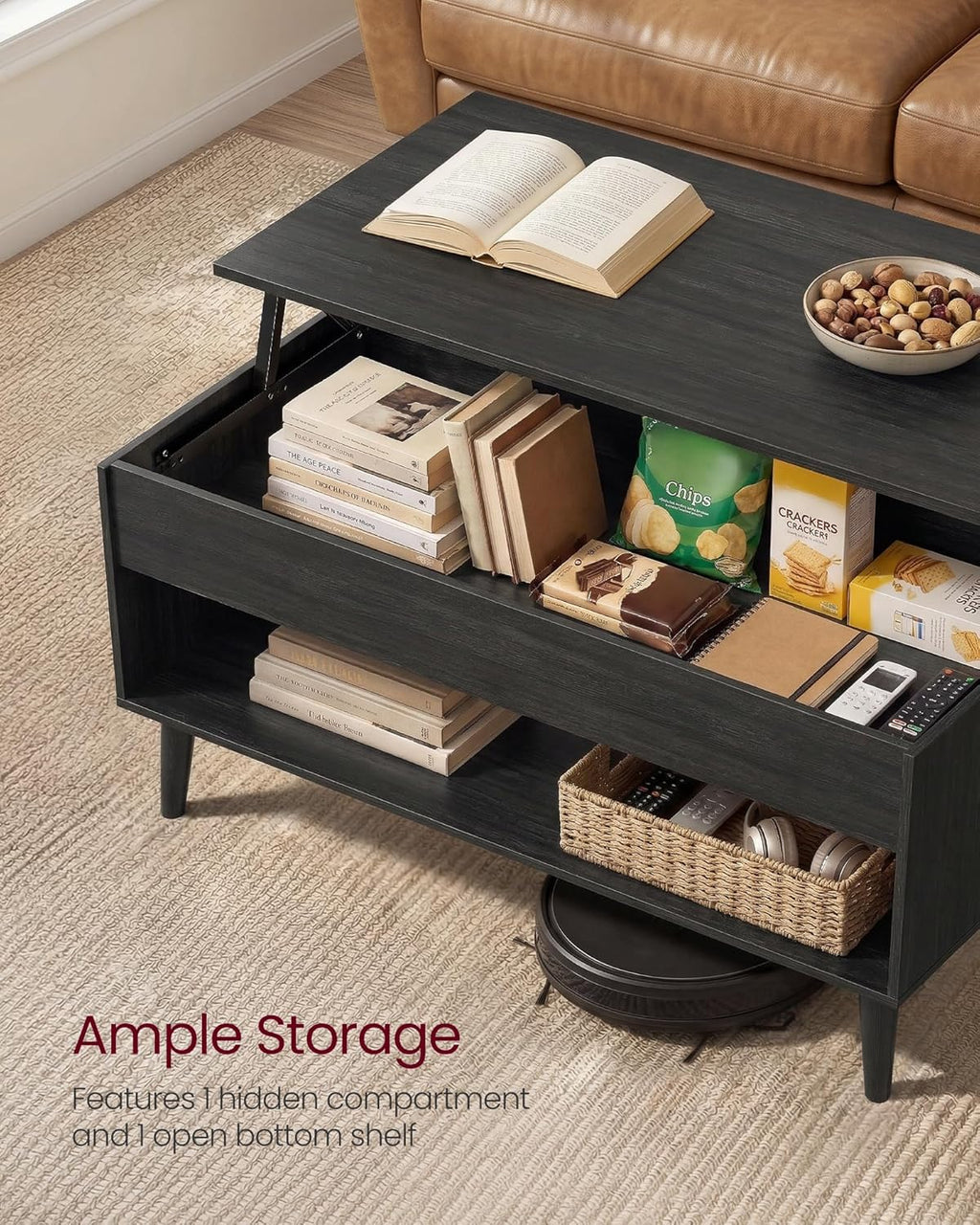 VASAGLE Lift Top Coffee Table, Lift Tabletop Dining Table, Gas Spring, Hidden Compartment, Open Storage Shelf, for Living Room, Home Office, Charcoal Gray ULCT268BA01S