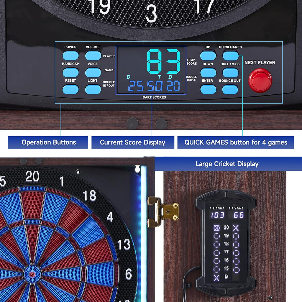 Electronic Dart Board with Cabinet Set, Electric Digital Dart Boards for Adults with Light Strips, Soft Tip Dartboard Cabinet Door with Large Cricket Display and Darts Storage for 12 Darts