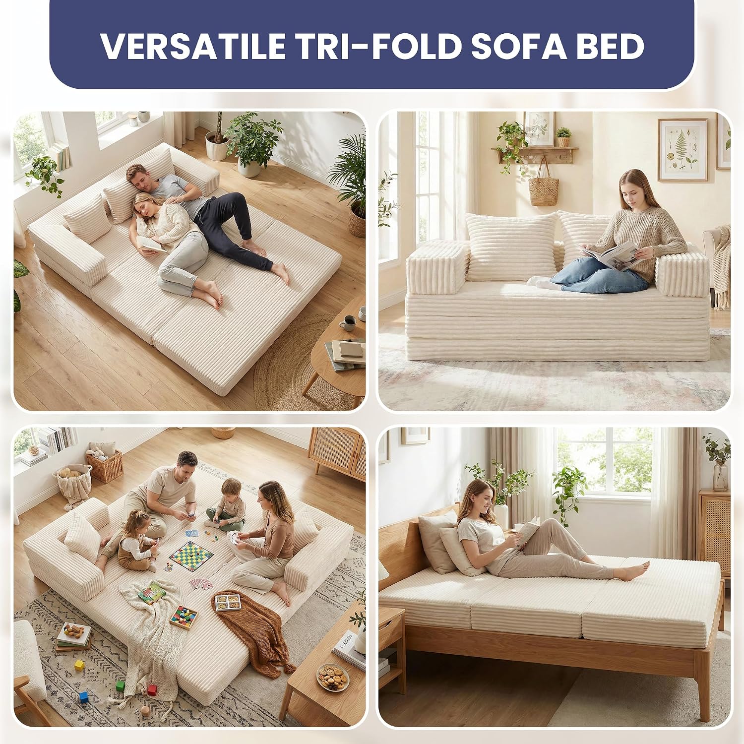 Convertible Sofa Bed, 4-in-1 Boneless Loveseat with Removable Armrests Backrest, Corduroy Futon Couch Bed with Pillow, Foldable Mattress Sleeper Sofa for Living Room Bedroom Small Place (Beige)