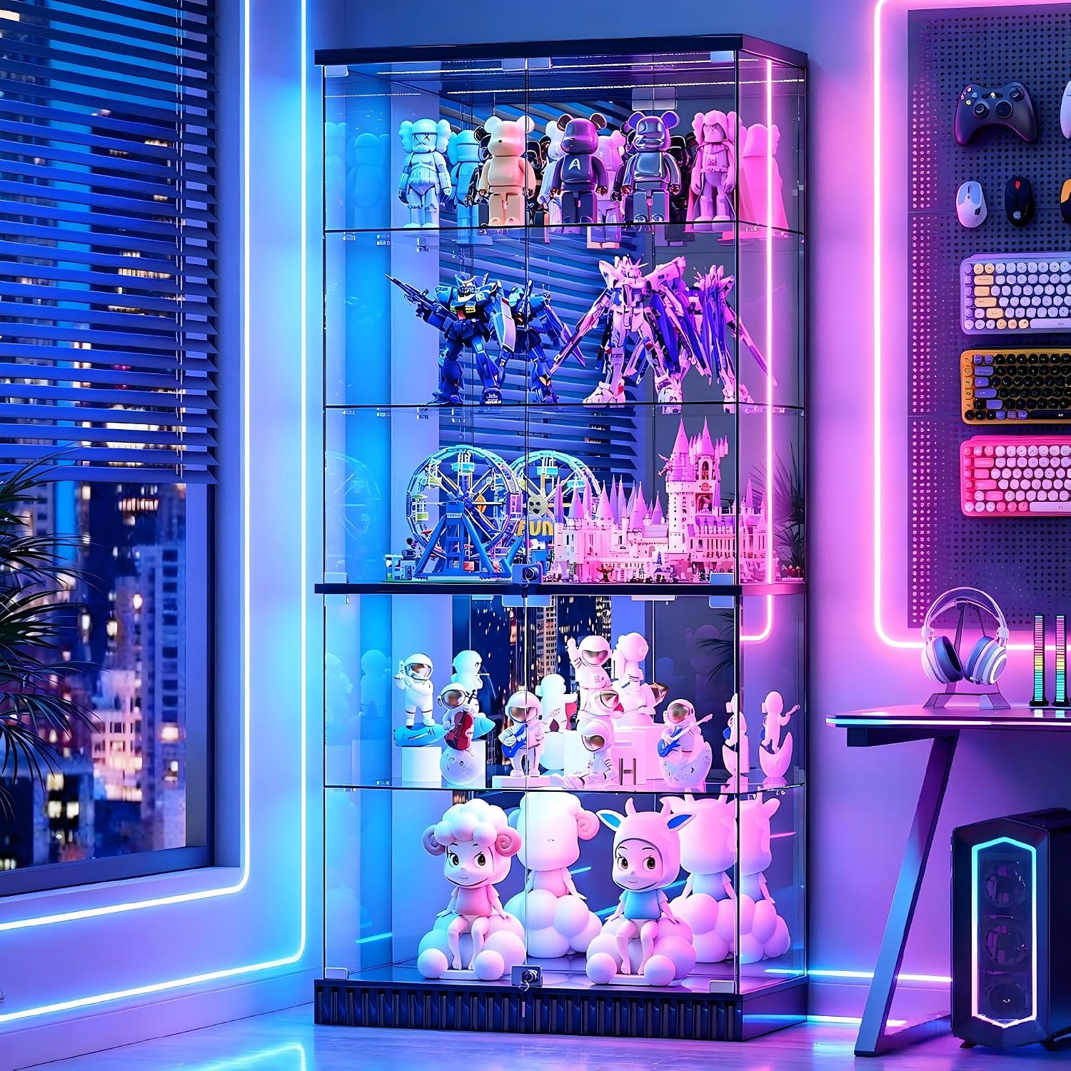 Glass Display Cabinet with Human Body Sensing RGB Lights,5-Tiers Curio Cabinet Display Case with Lock, Frameless Tall Showcase Display Shelf for Collectibles, Living Room Bookcase Storage Cabinet