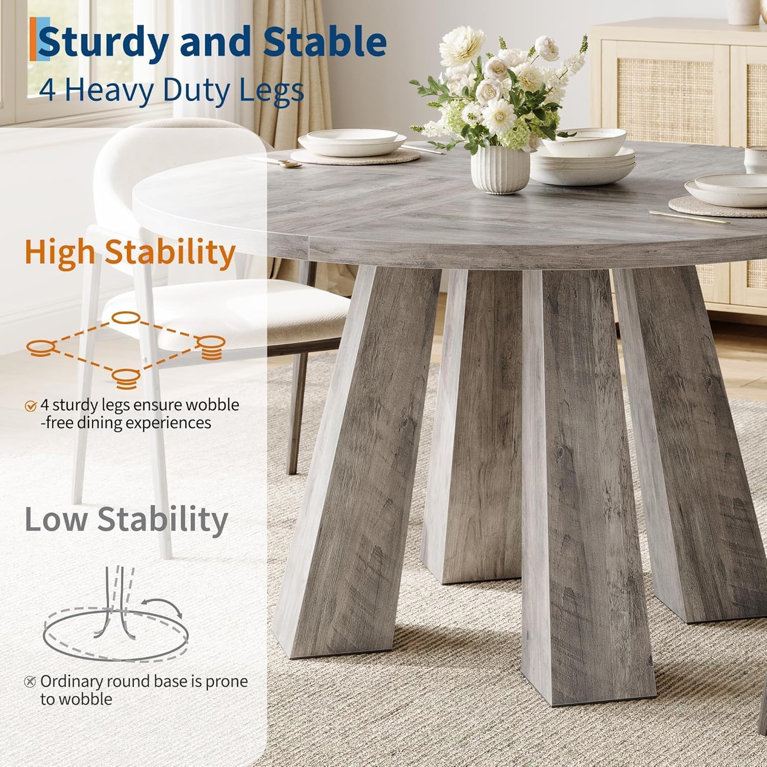 IDEALHOUSE 47" Round Dining Table for 4-6, Wood Kitchen Table with Sturdy Base, Farmhouse Circle Dinner Table for Dining Room, Living Room, 4 Strong Legs, Grey