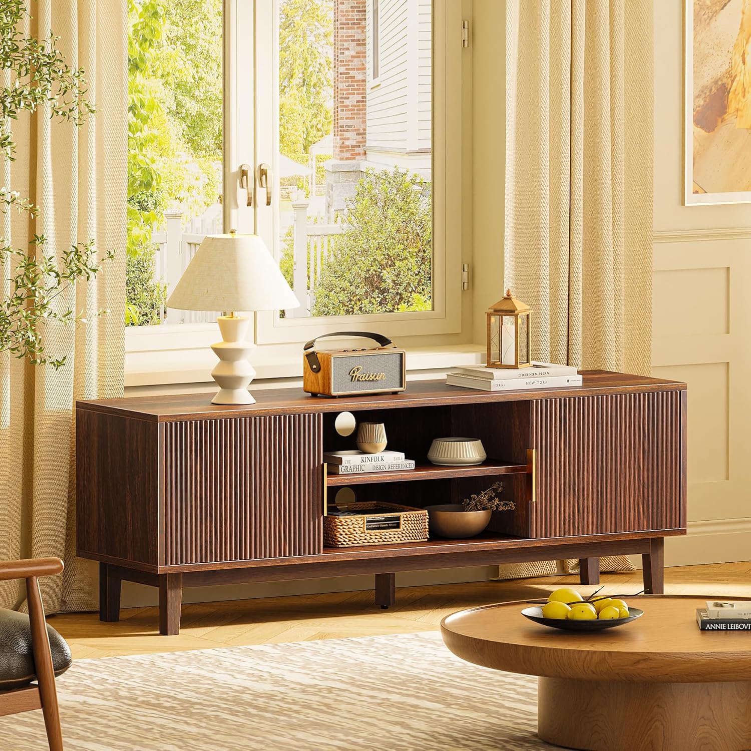 PRAISUN 54 Inch Fluted TV Stand for TVs Up to 55, 60 Inch, Mid Century Modern Entertainment Center with Storage, TV Console with Adjustable Shelves, Midea Console for Living Room Bedroom, Brown