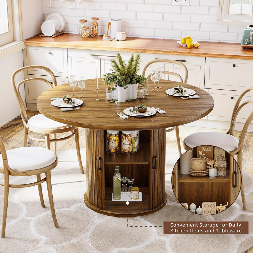 47 Inch Round Dining Table with Storage, 2-Layer Shelf & Wood Slide Door, Farmhouse Style, Waterproof Top, 330 lbs Capacity, for 4-6 Person, Easy Assembly, Walnut