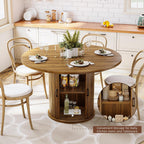 47 Inch Round Dining Table with Storage, 2-Layer Shelf & Wood Slide Door, Farmhouse Style, Waterproof Top, 330 lbs Capacity, for 4-6 Person, Easy Assembly, Walnut