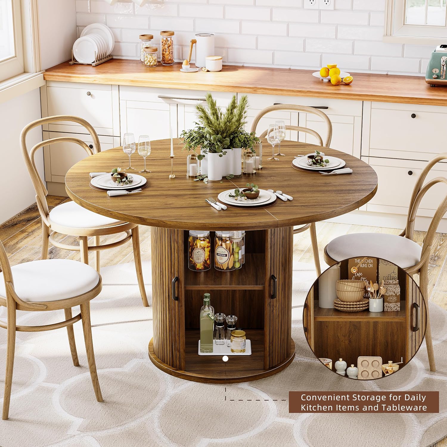 47 Inch Round Dining Table with Storage, 2-Layer Shelf & Wood Slide Door, Farmhouse Style, Waterproof Top, 330 lbs Capacity, for 4-6 Person, Easy Assembly, Walnut
