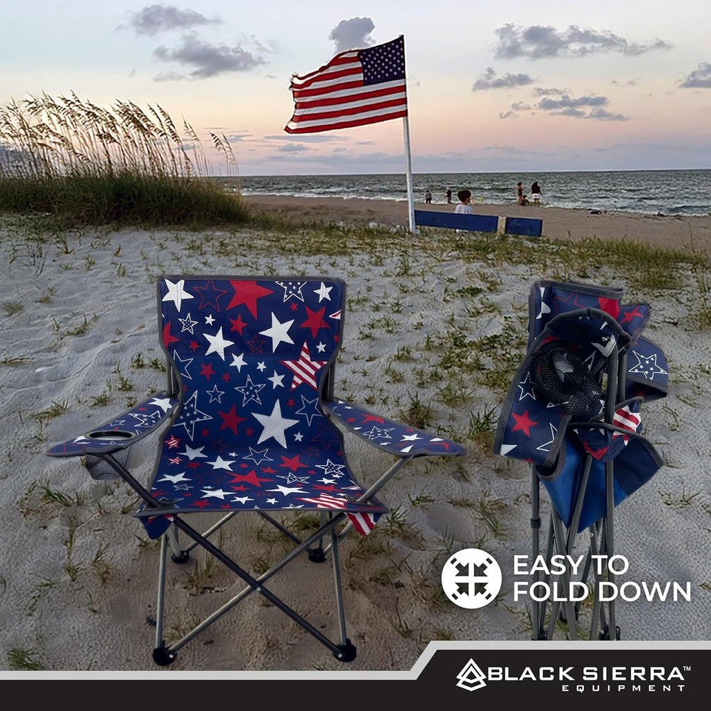 Black Sierra Kids Patriotic Camping Chair, Folding USA Flag Seat for Children, Supports 150 lbs, Portable Outdoor Chair with Carry Bag and Cupholder for Ages 3–10 for Beach, Sports, Travel, Backyard