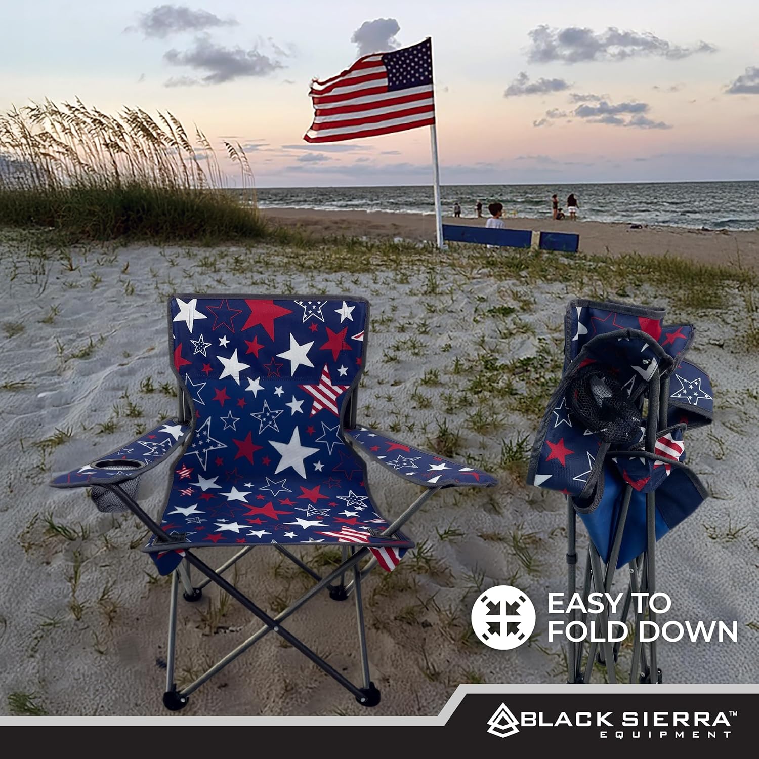 Black Sierra Kids Patriotic Camping Chair, Folding USA Flag Seat for Children, Supports 150 lbs, Portable Outdoor Chair with Carry Bag and Cupholder for Ages 3–10 for Beach, Sports, Travel, Backyard