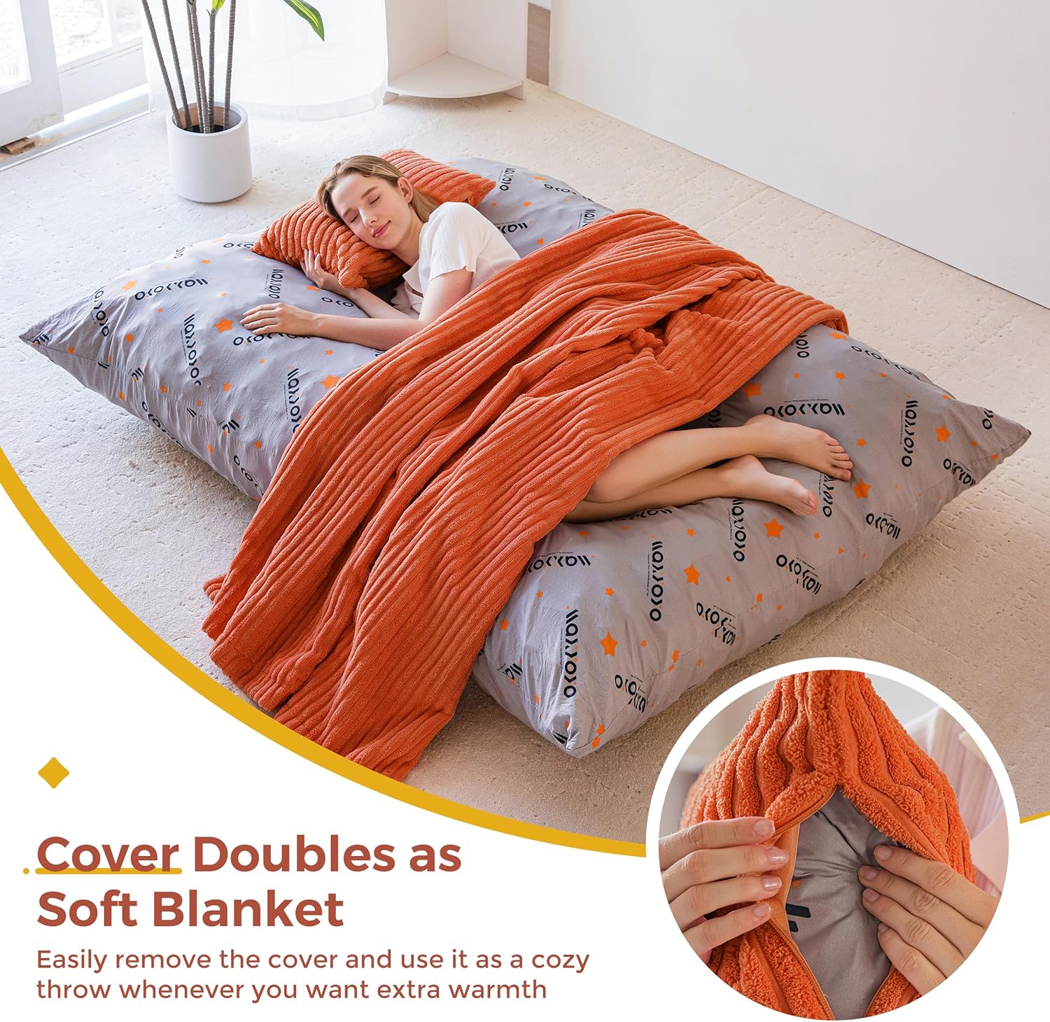 MAXYOYO Giant Bean Bag Chair with Pillow, 3 in 1 Convertible Bean Bag Chair for Adults with Washable Cover, Removable Floor Cushion Stuffed Floor Lounger for Living Room Bedroom, Orange, Full