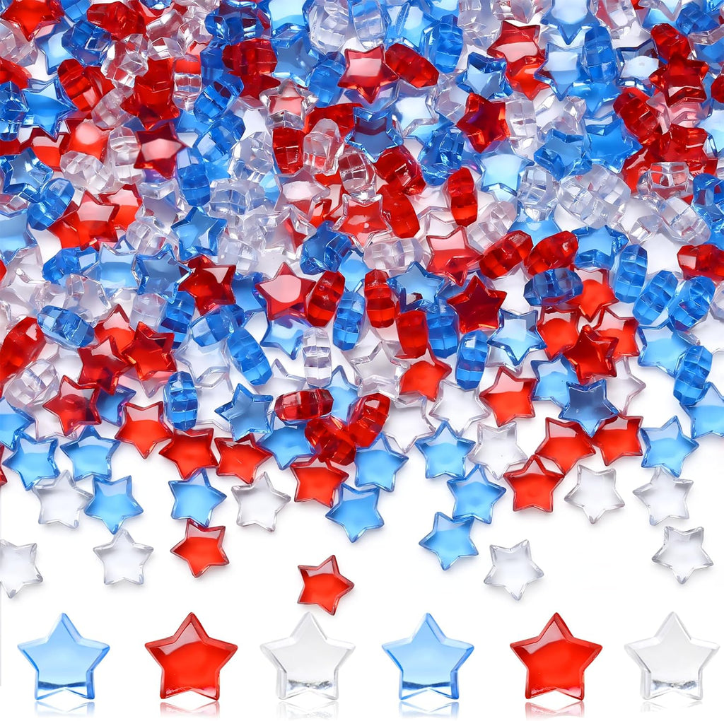 YATOJUZI 500 PCS Acrylic Star Vase Filler, 4th of July Table Decorations | Patriotic Memorial Day Party Decor, Fourth of July Red White and Blue Plastic Stars Gems for DIY Crafts