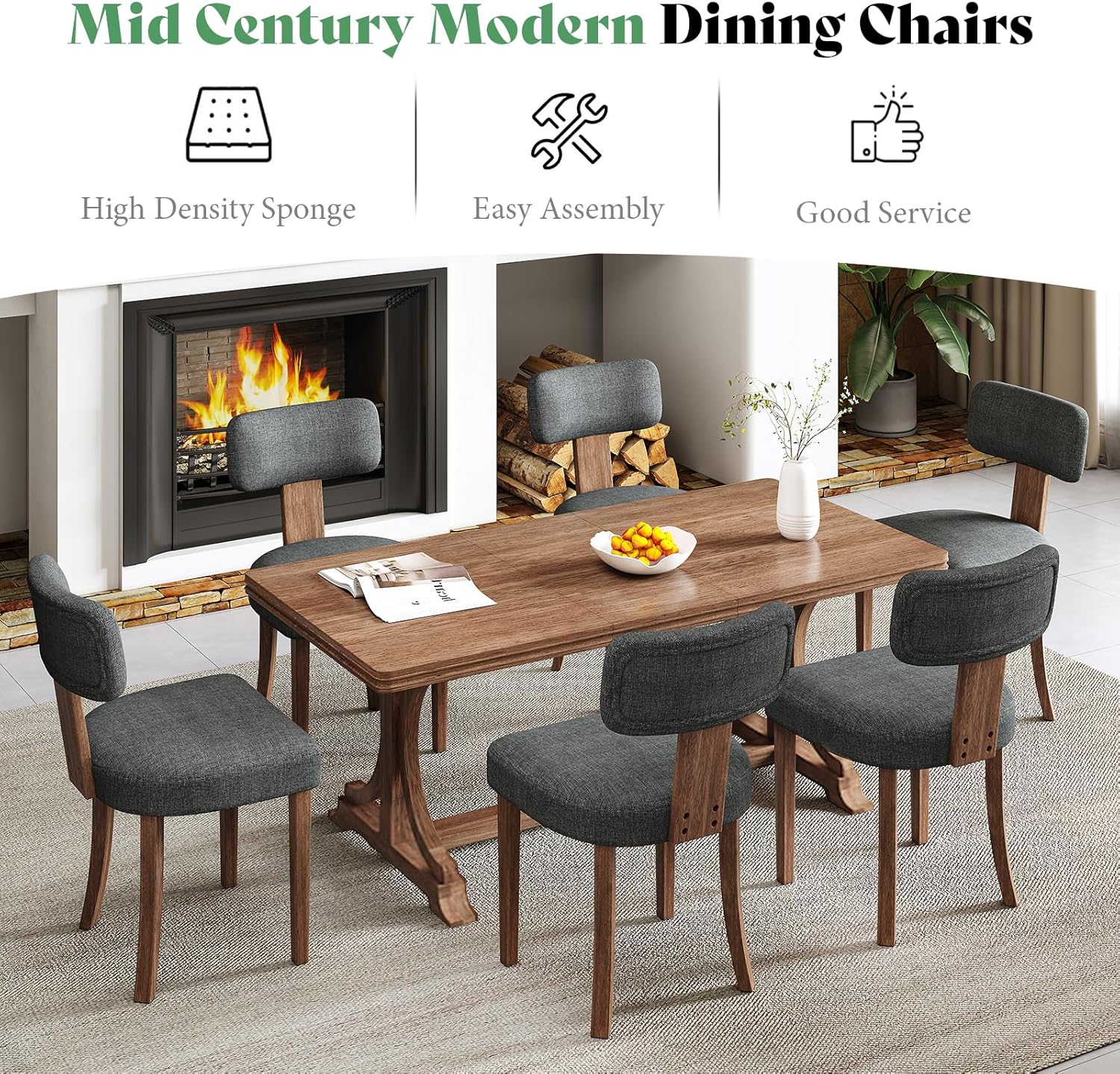 AMERLIFE Kitchen Chairs, Set of 4 Modern Linen Chairs with Upholstered Curved Backrest & Seat, Hardwood Frame, Dark Grey