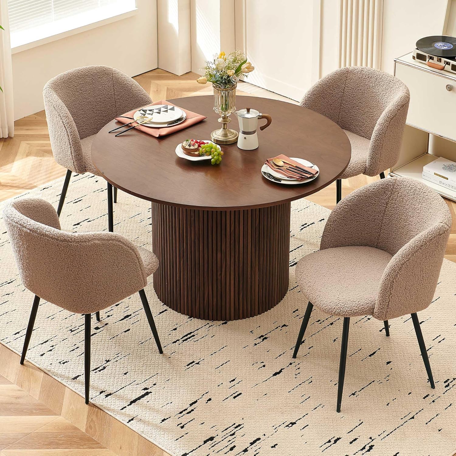 NORDICANA 5-Piece Wooden Round Dining Room Table and Chair Set, 47-Inch Kitchen Table with Barrel Chairs for 4, Brown Upholstered Sherpa Dining Set, MDF Core with Walnut Finish