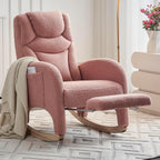 Rocking Chair with Foot Rest, Nursery Glider Teddy Gliding Rocking Chair with Retractable Footrest Rubber Wood Legs Side Pocket High Back & Wide Seat Nursing Chair for Living Room (Pink)