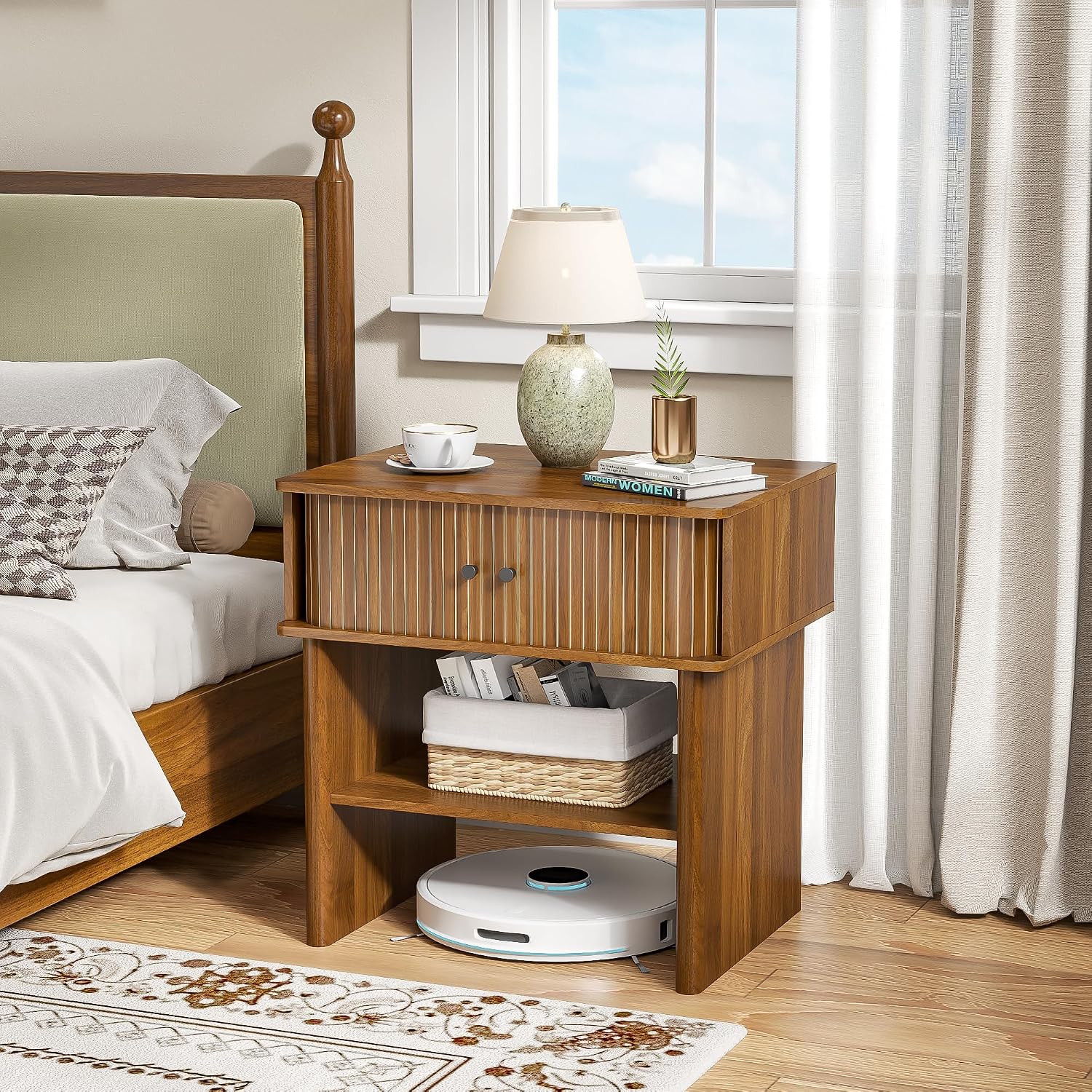 Nightstand with Fluted Sliding Door, 3-Tier Side Table with Hidden Cabinet and Open Storage, 21.7" Wide Modern End Table, for Living Room, Bedroom, Dorm, Spacious Desktop Space, Walnut Brown