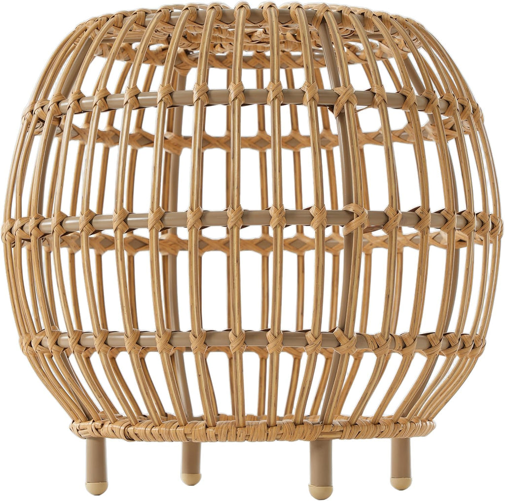 IRONORA Natural Rattan Round Side Table, Hand Woven Hollow Drum End Table, Boho Wicker Accent Table Stool for Patio Porch Living Room Bedroom