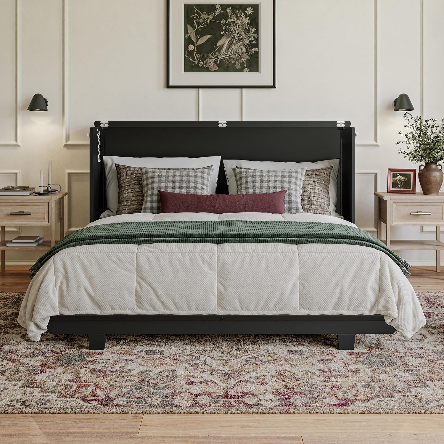 AFI, Charleston Queen Wood Murphy Bed Chest with 6" Mattress, Black