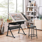 Yaheetech Height Adjustable Drafting Table Drawing Table Artist Desk Tilting Tabletop Art Craft Desk Watercolor Paintings Sketching Work Station w/2 Storage Drawers and Stool for Home Office