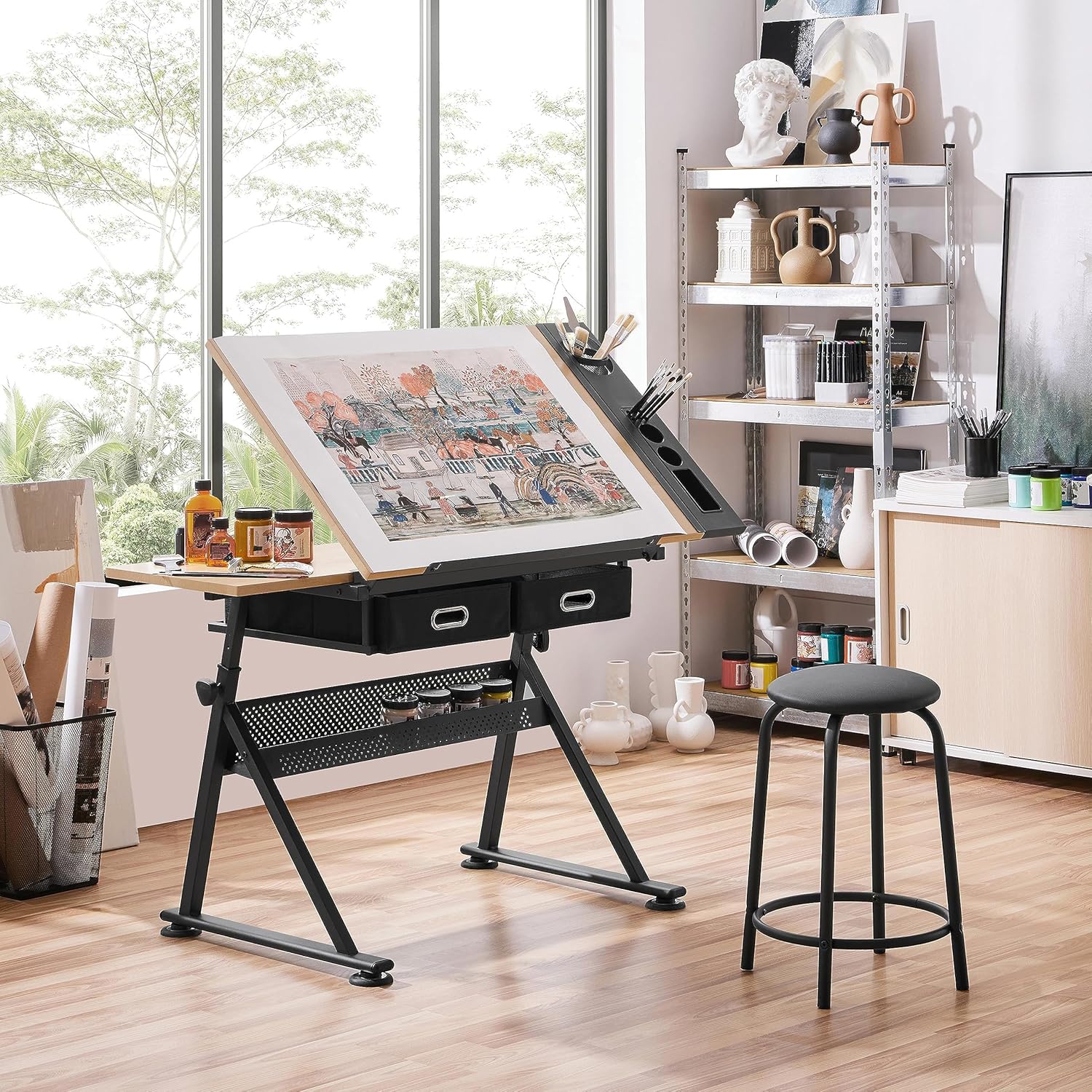 Yaheetech Height Adjustable Drafting Table Drawing Table Artist Desk Tilting Tabletop Art Craft Desk Watercolor Paintings Sketching Work Station w/2 Storage Drawers and Stool for Home Office