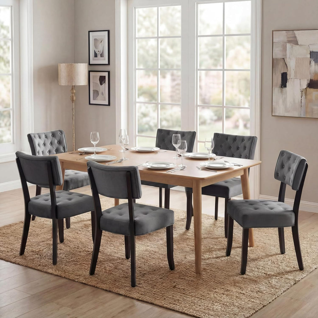 UVV Wooden Dining Chairs Set of 2, Mid Century Tufted Upholstered Kitchen Chairs Dining Room Chairs, Velvet Farmhouse Dinner Chair for Kitchen Dining Room, Dark Grey-Black Legs