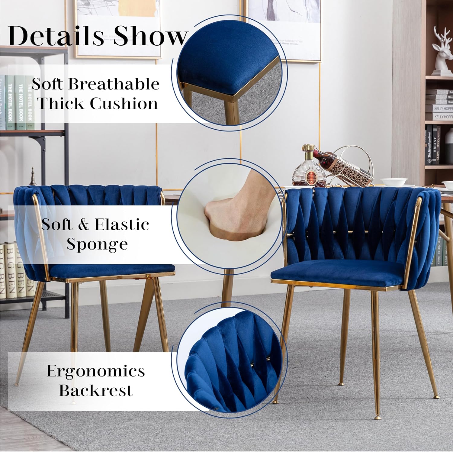 Gold Glass Round Dining Set for 4, 36'' Modern Minimalist Luxury Circle Dinner Room Set, 5 Piece Clear Glass Circular Kitchen Table with Navy Blue Woven Chair Set, for Small Apartment Home