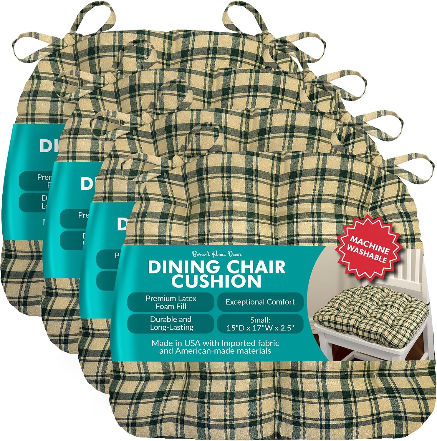 Barnett Home Decor Chair Cushions for Dining Chairs - 15x17 Kitchen Chair Cushions - Machine Washable, Made in USA - Latex Foam Comfort Chair Pads - Montgomery Green Small Pack of 4