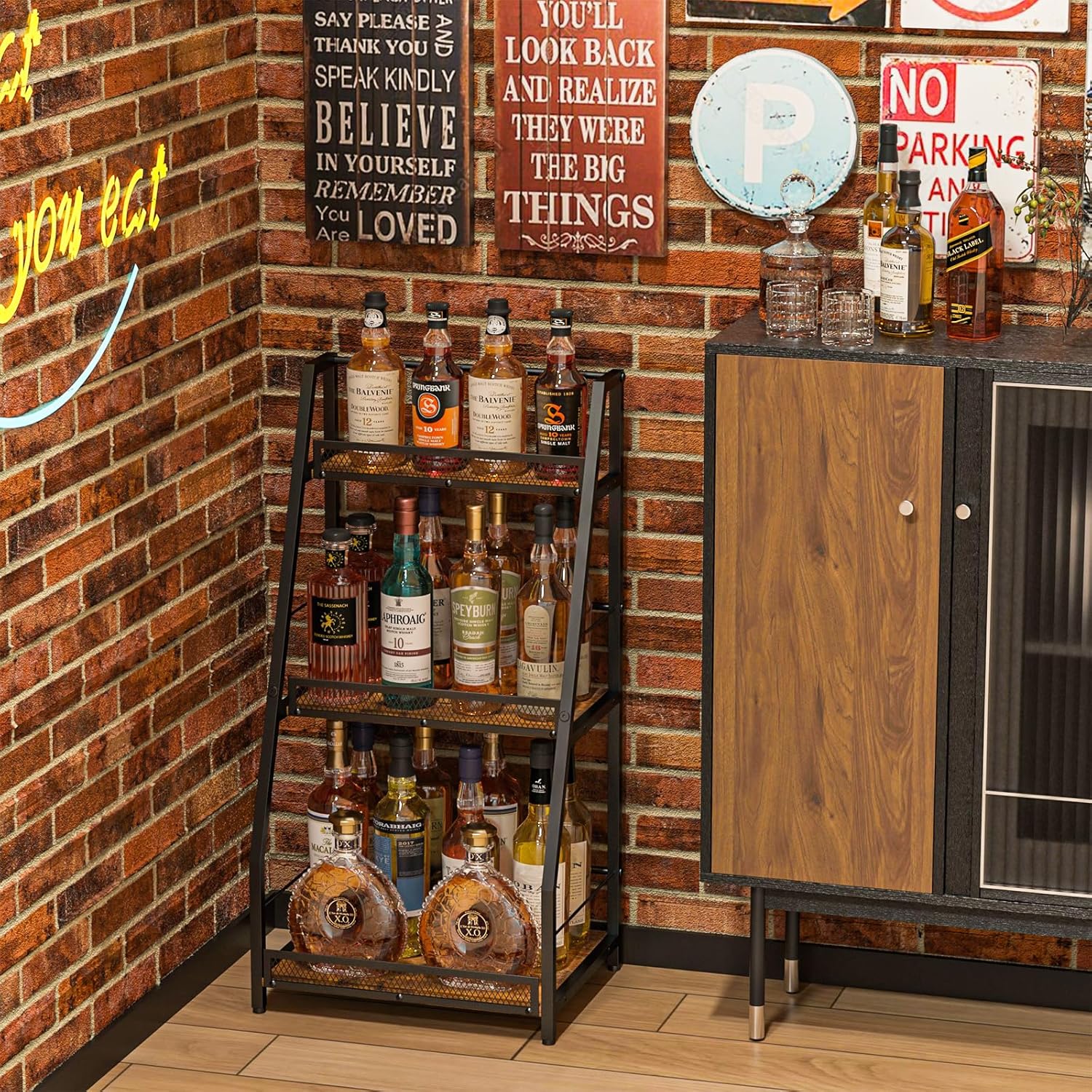 3-Tier Liquor Stand for Home Bar, Stepped Wine Rack Freestanding Floor for Liquor Whiskey Wine, Versatile Corner Wine Bottle Display Stand with Fences, Vintage Brown, Safe Height for Kids & Pets