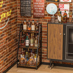 3-Tier Liquor Stand for Home Bar, Stepped Wine Rack Freestanding Floor for Liquor Whiskey Wine, Versatile Corner Wine Bottle Display Stand with Fences, Vintage Brown, Safe Height for Kids & Pets
