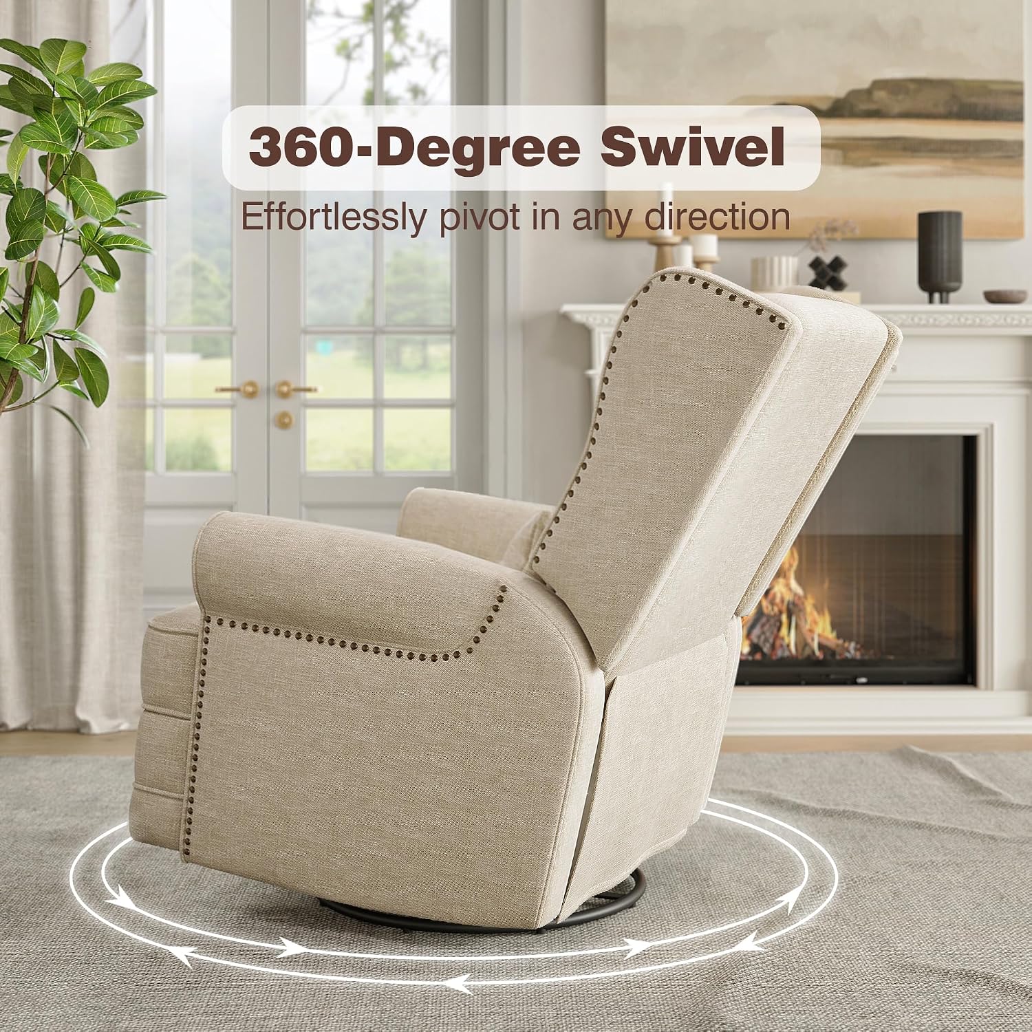 Gecheer Swivel Recliner Chair with Lumbar Pillow and Footrest – Glider Rocking Chair for Nursery, Bedroom or Living Room – Beige Upholstered Swivel Rocker
