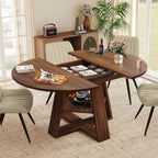 Extendable Round Dining Table Set for 4-6, 5-Piece Oval Kitchen Table with Hidden Storage, Wooden Dining Table Set with Upholstered Chairs for Small Spaces, Apartment (Walnut Table, 4 Beige Chairs)