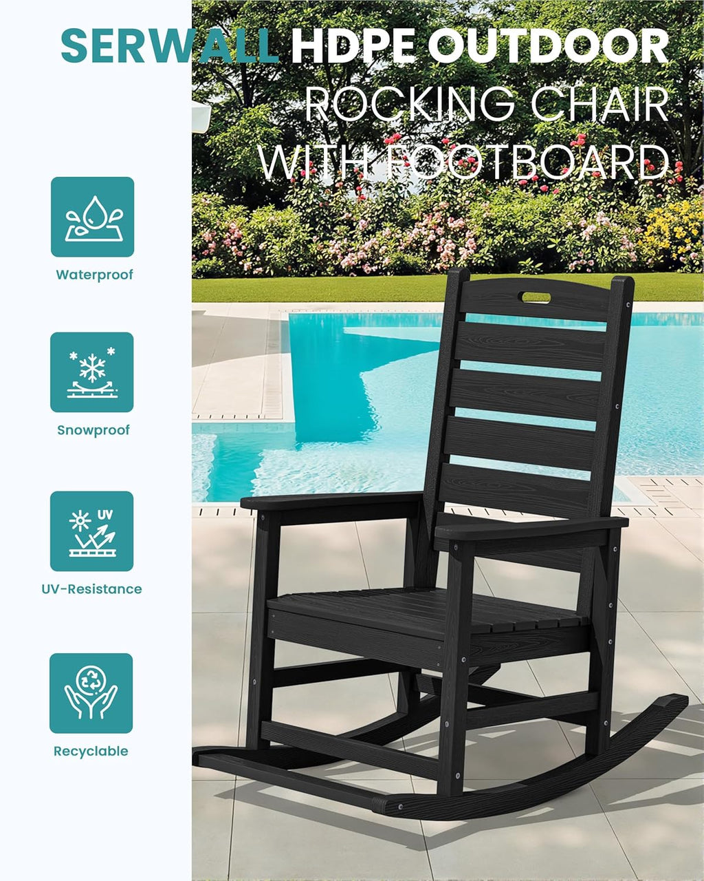 SERWALL Outdoor Rocking Chair Set of 2, Oversized Rocking Chair with Footboard for Adults, HDPE All Weather Resistant Rocking Chairs for Patio, 350lbs Weight Capacity, Black