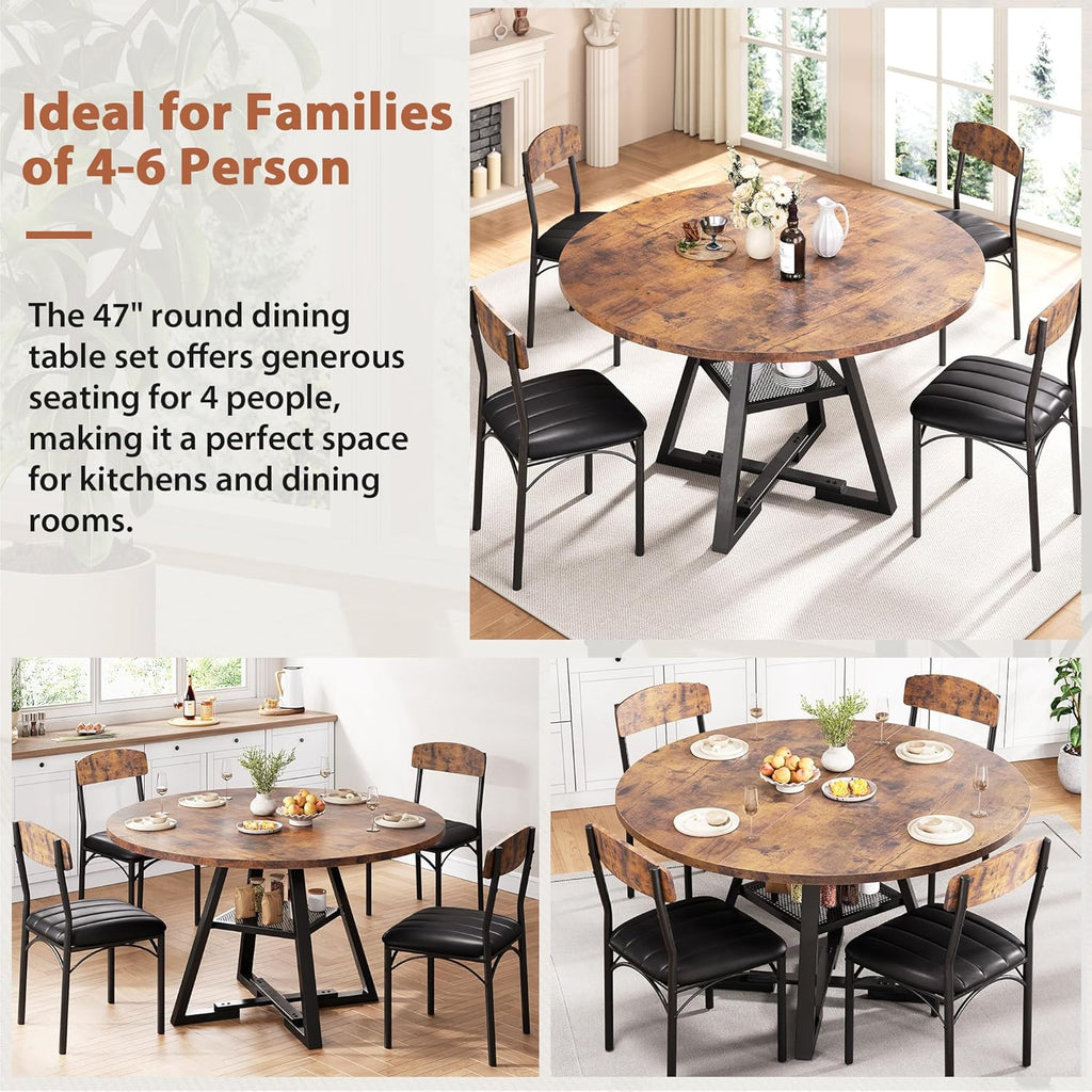 Dining Table Set for 4,Kitchen Table and Chairs for 4, Round Dining Room Table with Upholstered Chairs, 5 Piece Space Saving Circle Wood Kitchen & Dining Room Dinner Dinette Table Set (Vintage, 42In)