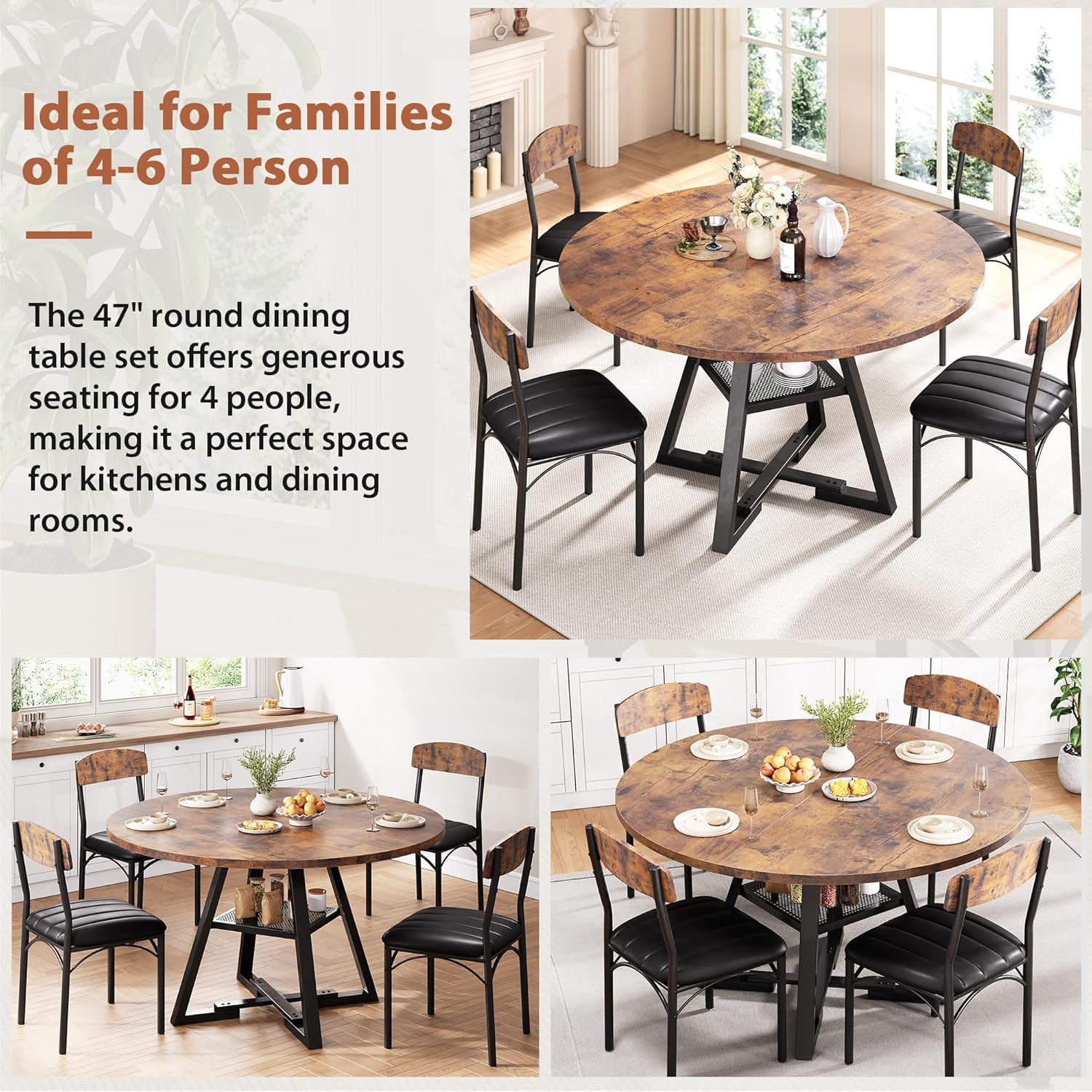 Dining Table Set for 4,Kitchen Table and Chairs for 4, Round Dining Room Table with Upholstered Chairs, 5 Piece Space Saving Circle Wood Kitchen & Dining Room Dinner Dinette Table Set (Vintage, 42In)
