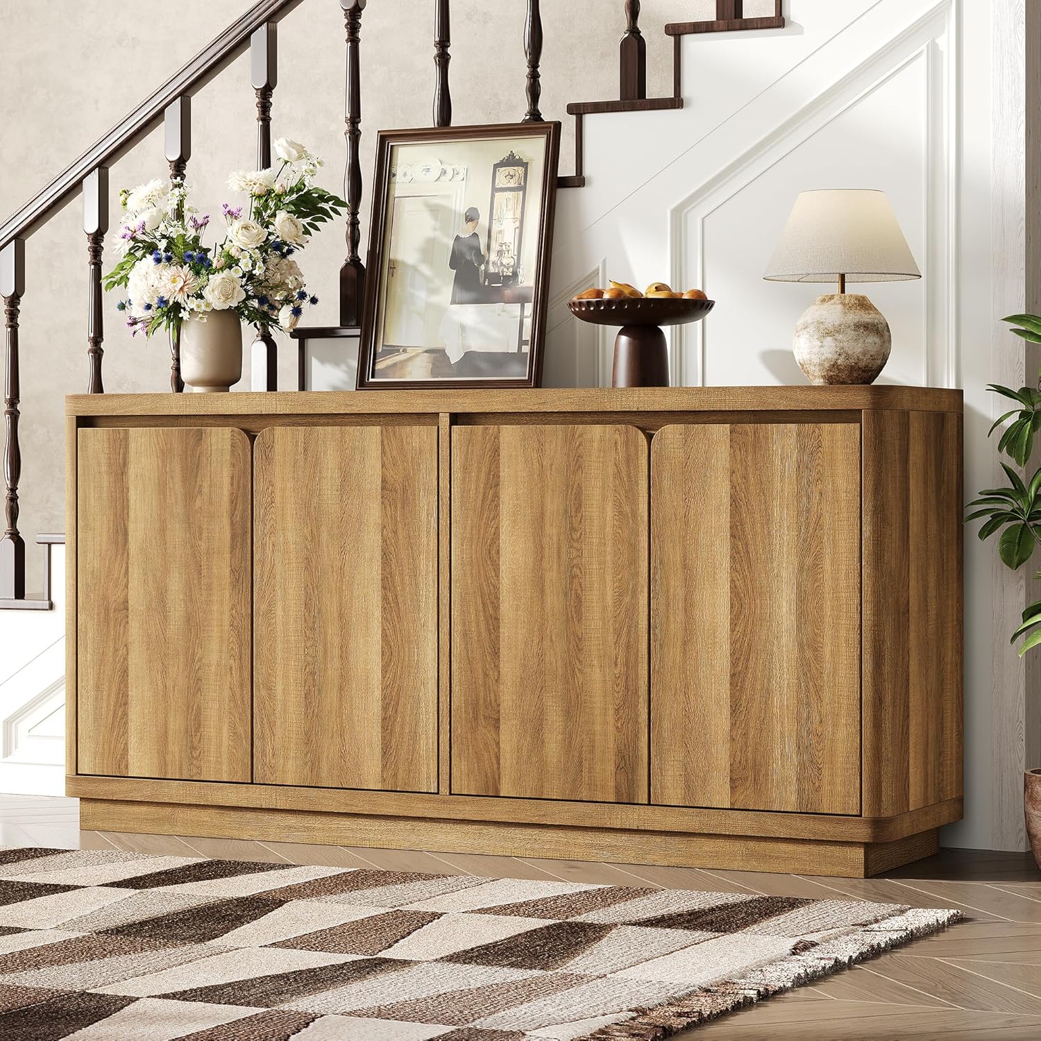 knoworld Buffet Cabinet with Storage, Outlet & Adjustable Shelves, Sideboard Cabinet with Double-Arc Doors, Classic Modern Wood Console Table & Credenza for Dining Room & Entryway