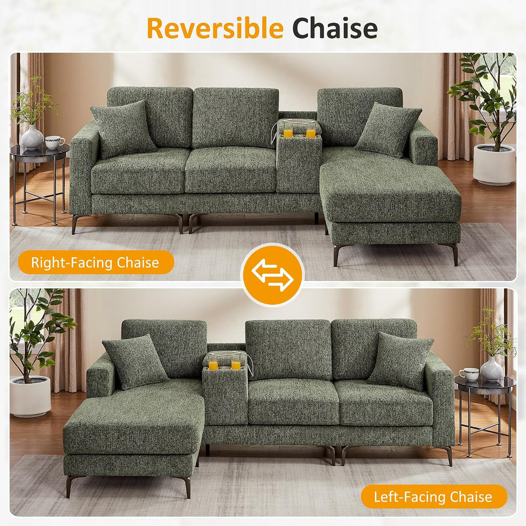 99.21" L Shaped Sectional Sofa with Convertible Chaise, Chenille Modern Modular Couch with Storage Box, USB & Type C Port, 4-Seater Cloud Sofa with Metal Legs for Living Room, Apartment, Green