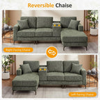 99.21" L Shaped Sectional Sofa with Convertible Chaise, Chenille Modern Modular Couch with Storage Box, USB & Type C Port, 4-Seater Cloud Sofa with Metal Legs for Living Room, Apartment, Green