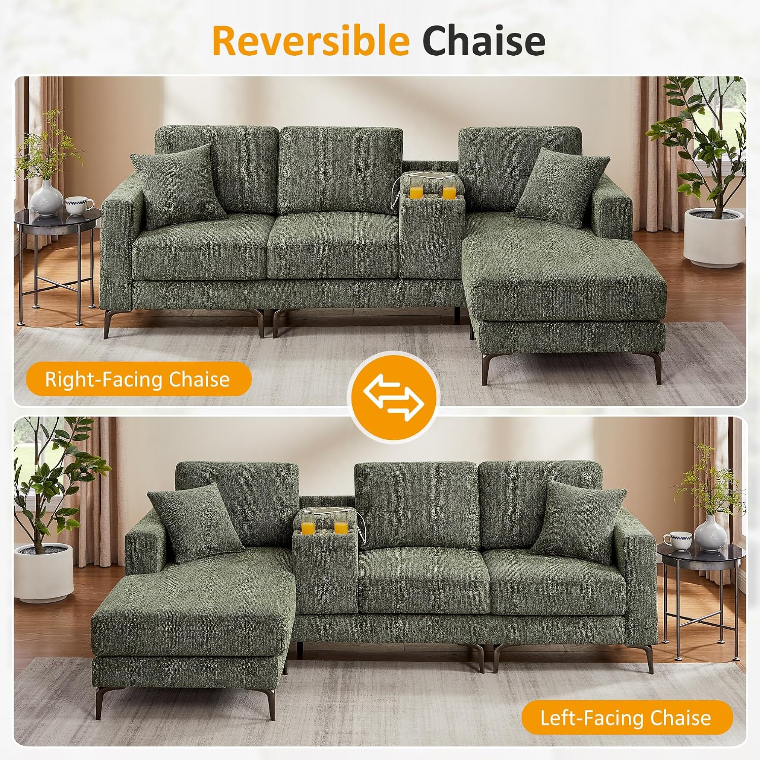 99.21" L Shaped Sectional Sofa with Convertible Chaise, Chenille Modern Modular Couch with Storage Box, USB & Type C Port, 4-Seater Cloud Sofa with Metal Legs for Living Room, Apartment, Green
