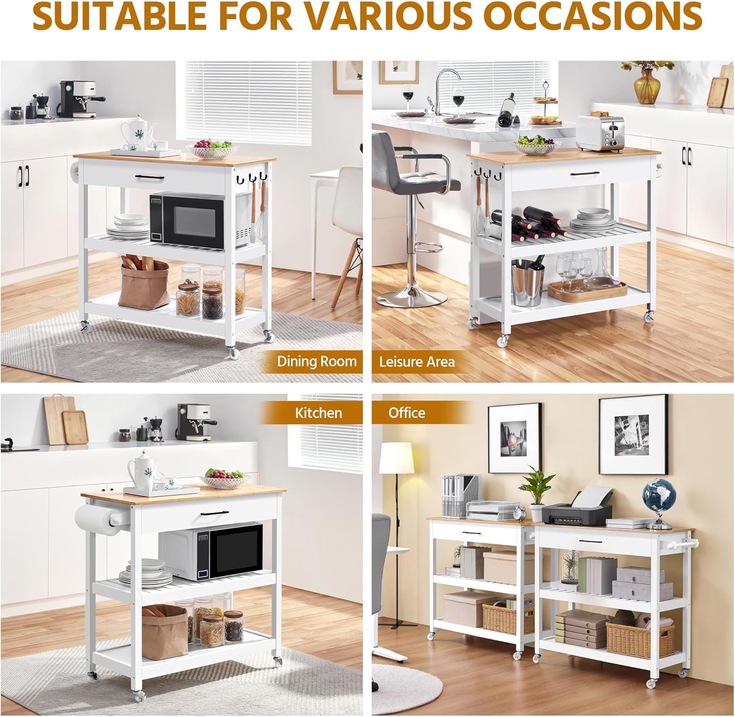 Yaheetech Kitchen Island Cart on Wheels with Bamboo Tabletop, 3-Tier Rolling Kitchen Island Microwave Cart with Drawer, Detachable Towel, 3 Hooks, 17" D x 37.5" W, White