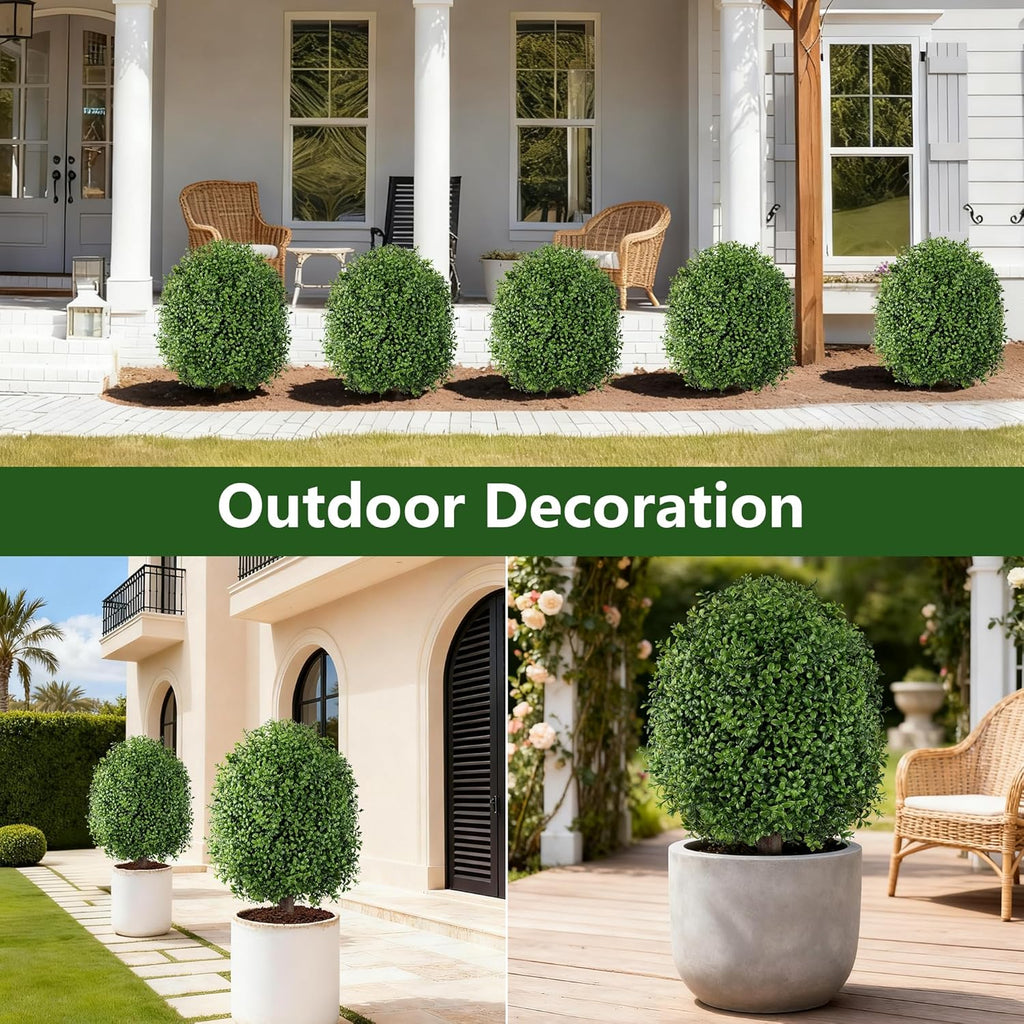 INSPRING 27'' Artificial Boxwood Topiary Trees Outdoor Fake Bushes Plants UV Resistant Evergreen Shrubs with Metal Ground Spike for Porch Patio Garden, 2 Pack