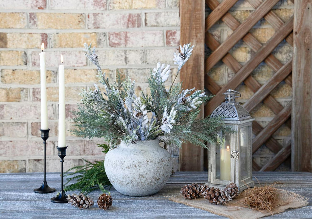 Rustic Farmhouse Textured Ceramic Vase with Two Handles, Distressed White Pottery Flower Vase for Centerpiece, Decorative Vases for Living Room, Kitchen, Table Top Decor, Gift & Weddings