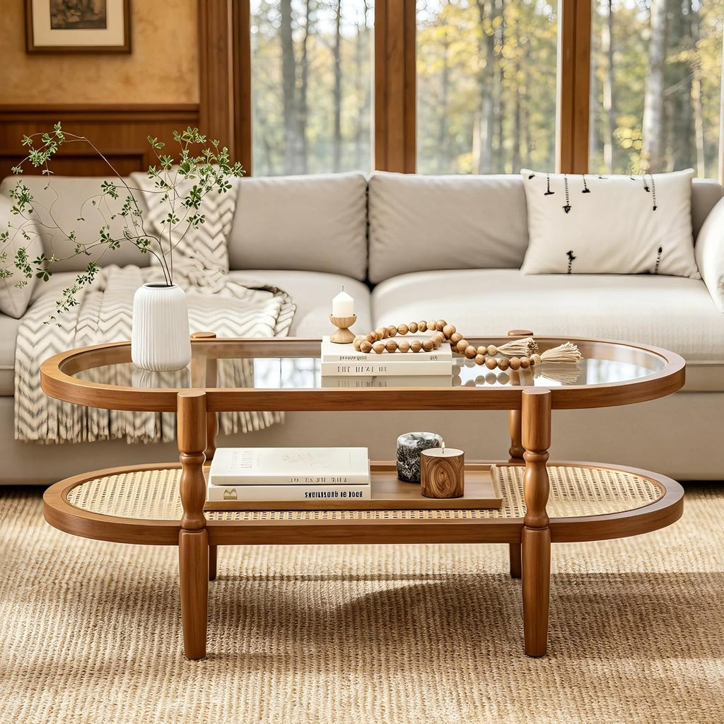 Rattan Coffee Table, Oval Cocktail Table with Glass Top and Solid Wood Frame, Boho Indoor & Outdoor Coffee Table, Brown, 40 in
