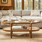 Rattan Coffee Table, Oval Cocktail Table with Glass Top and Solid Wood Frame, Boho Indoor & Outdoor Coffee Table, Brown, 40 in