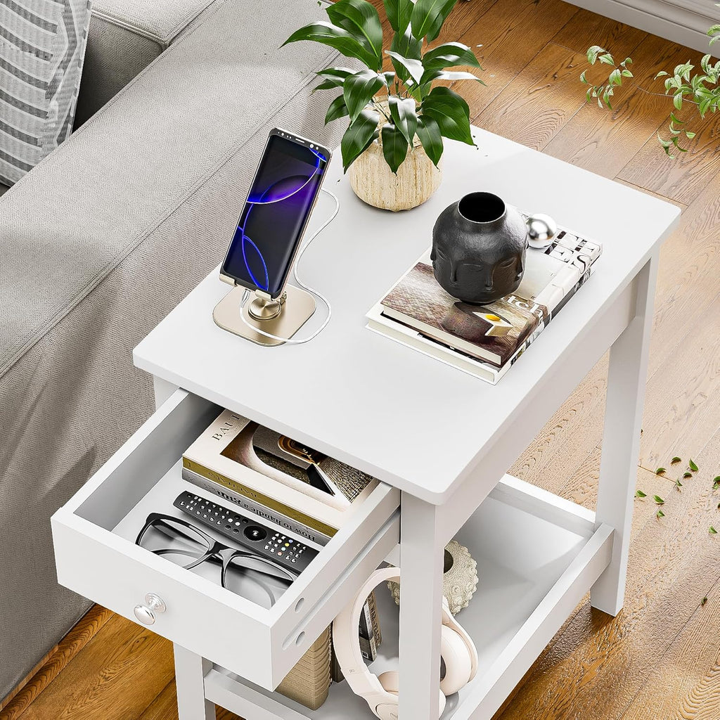 SEJOV Narrow Side Table, Small White End Table with Drawer & Storage Shelve Nightstand Wooden Bedside Table for Living Room Small Spaces Bedroom and Office
