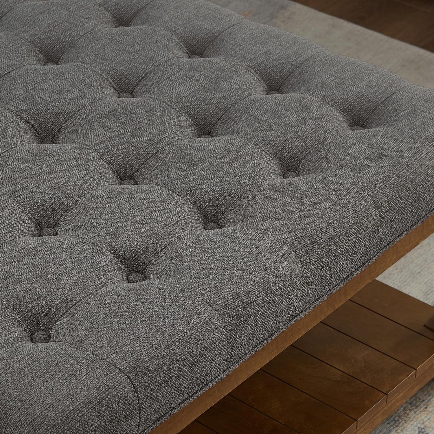 24KF Upholstered Square Coffee Table with Wooden Shelf, Tufted Button Large Square Ottoman with Spindle Wooden Legs, Linen Large Footrest Ottoman Pouf for Living Room, 5097-Granite