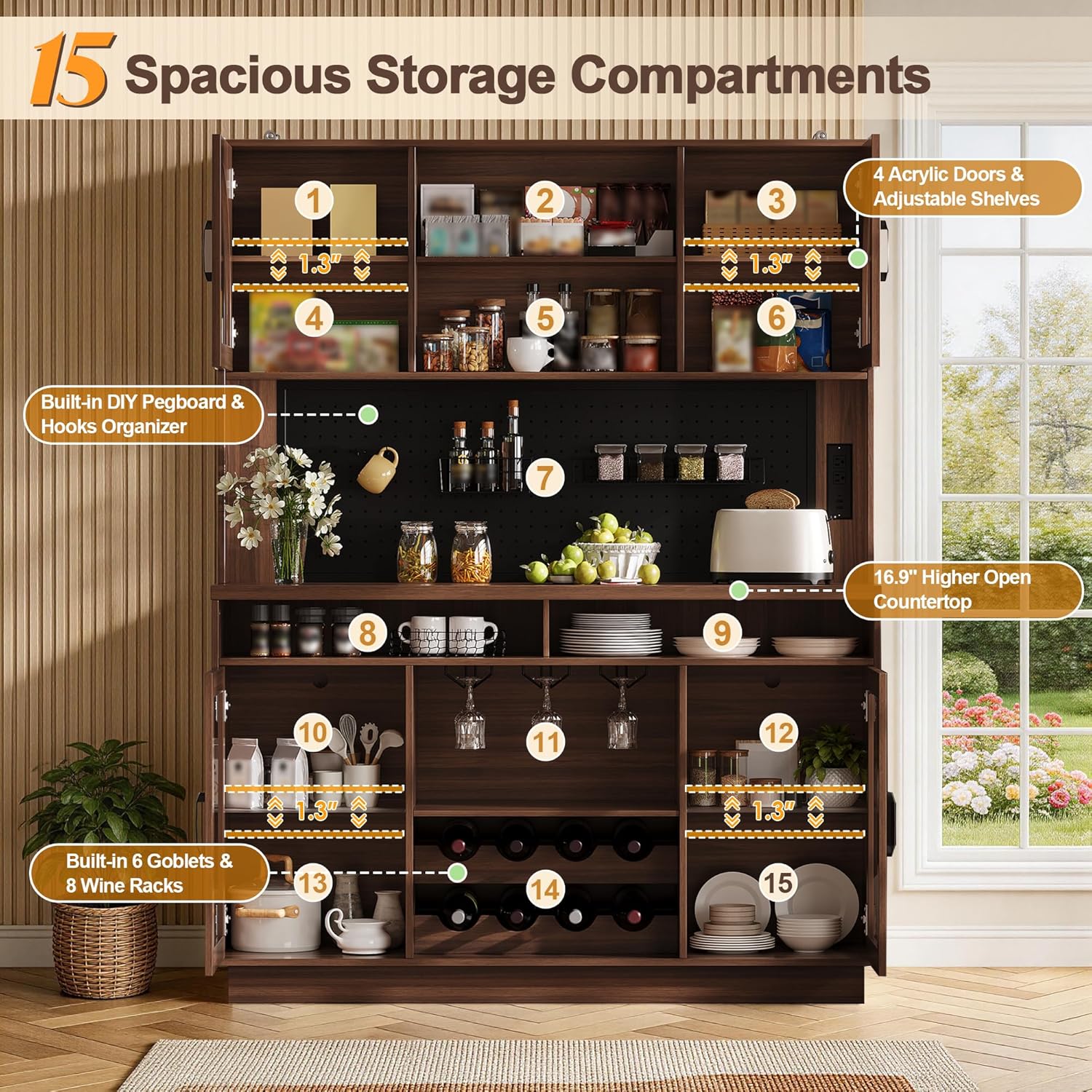 BINGTOO 71" Tall Kitchen Pantry Cabinet with Charging Station, 54" Large Kitchen Hutch with LED Lights & Pegboard, Coffee Bar Cabinet with Wine Rack and Adjustable Shelves (Walnut Brown, 1 Cabinet)