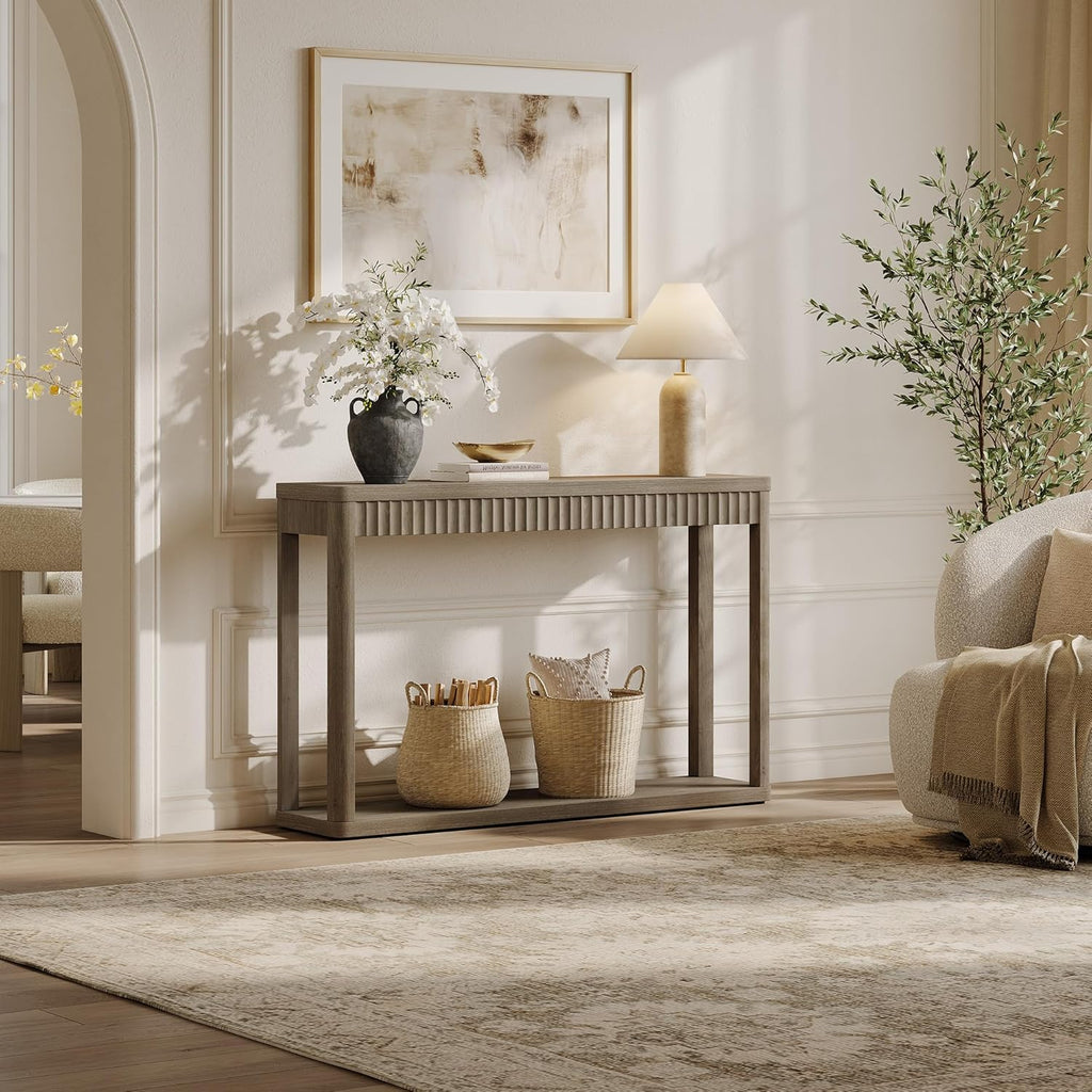 SICOTAS Entryway Table with Storage Shelf, Modern Console Table, Fluted Narrow Entry Table 94.64" Entry Way Table, Wooden Couch Table Behind Sofa for Living Room Hallway Entrance Foyer, Grey Alder