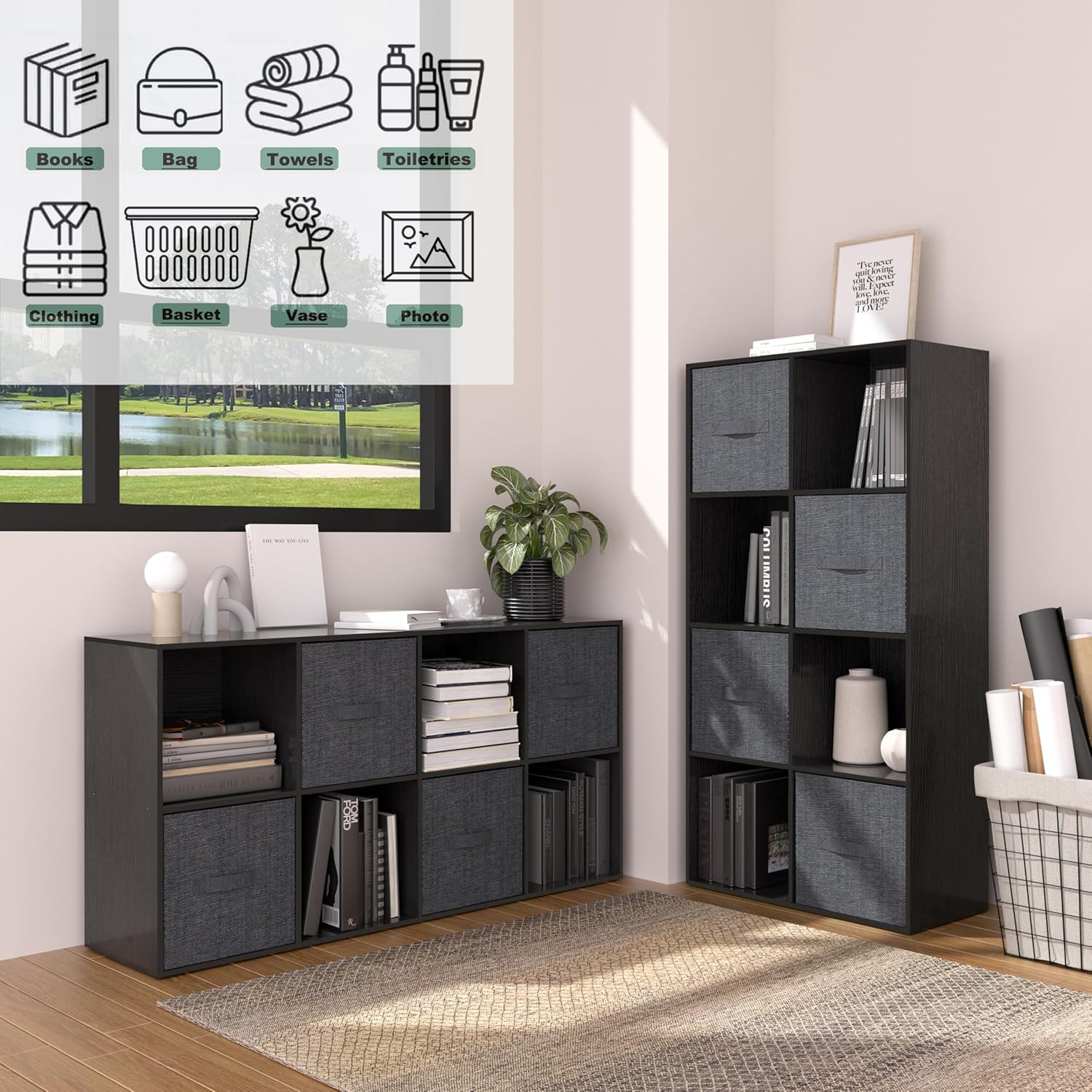 8 Cube Storage Organizer, 11 in Black Cube Shelf, Wood Cubby Storage Organizer with Back Panel & Open Compartments, Vertical or Horizontal Cube Bookshelf Bookcase for Living Room, Bedroom, Entryway