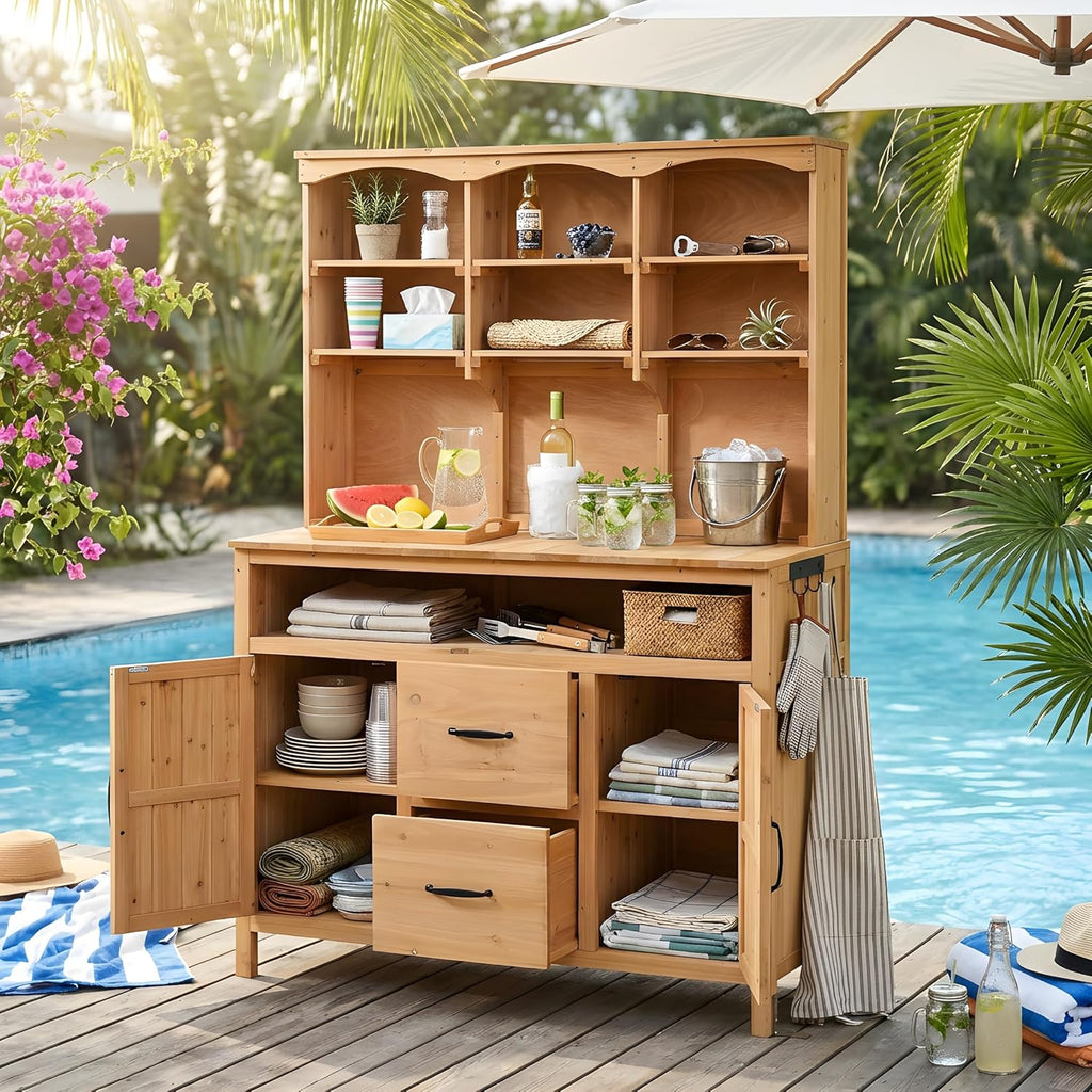 Merax 45.3" Large Outdoor Fir Wood Potting Bench with Storage, Multi-Functional Patio Kitchen Island, 6-Shelf Hutch+2 Cabinets+2 Drawers+3 Hooks, Garden Workstation for Planting, Gardening, Natural